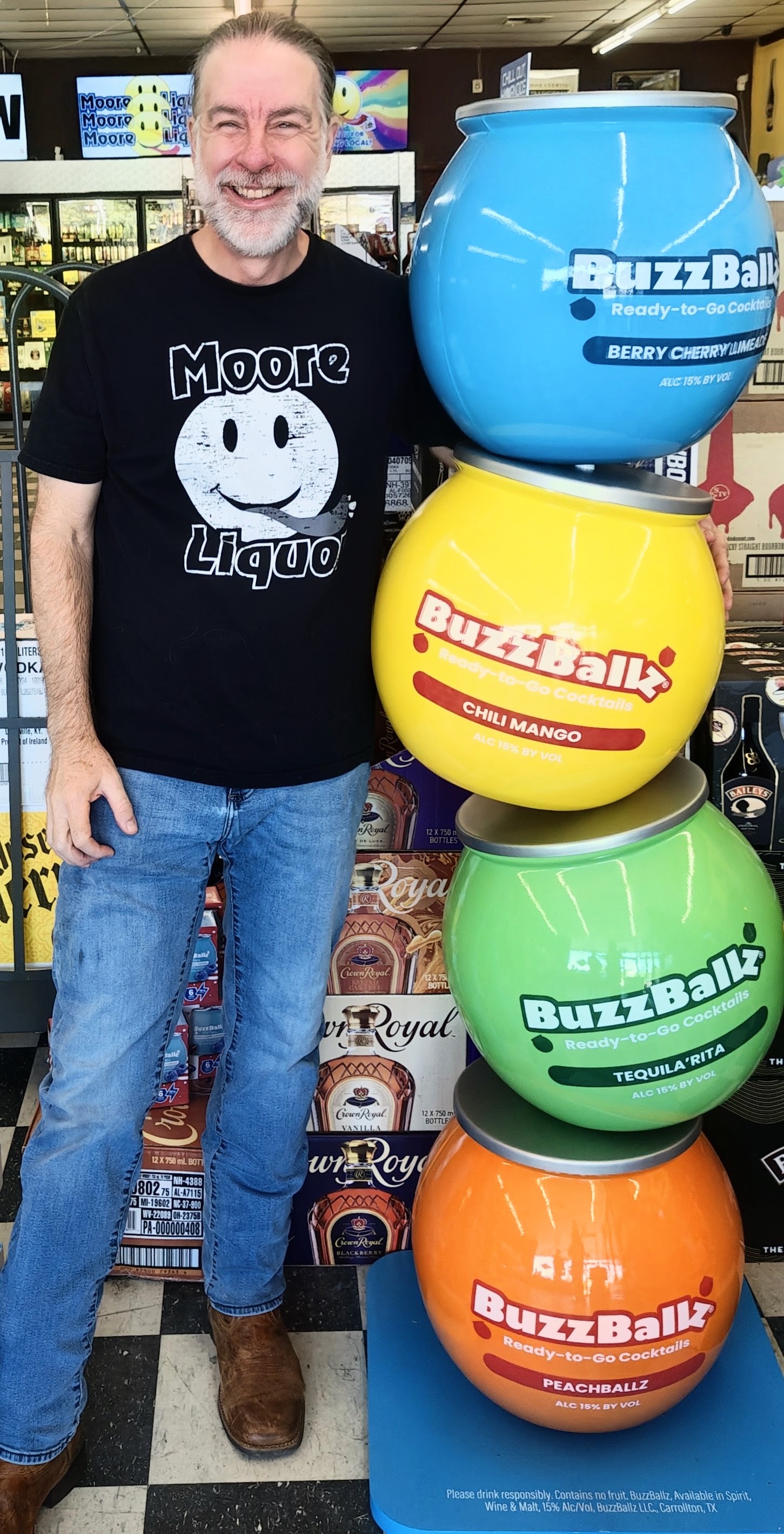 Giant BuzzBallz display prize at Moore Liquor